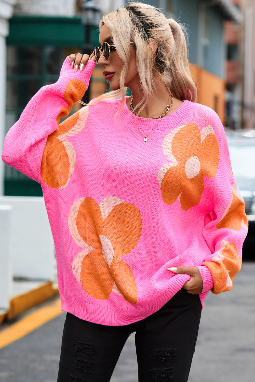 Flower Round Neck Dropped Shoulder Sweater - The Boutie Shop