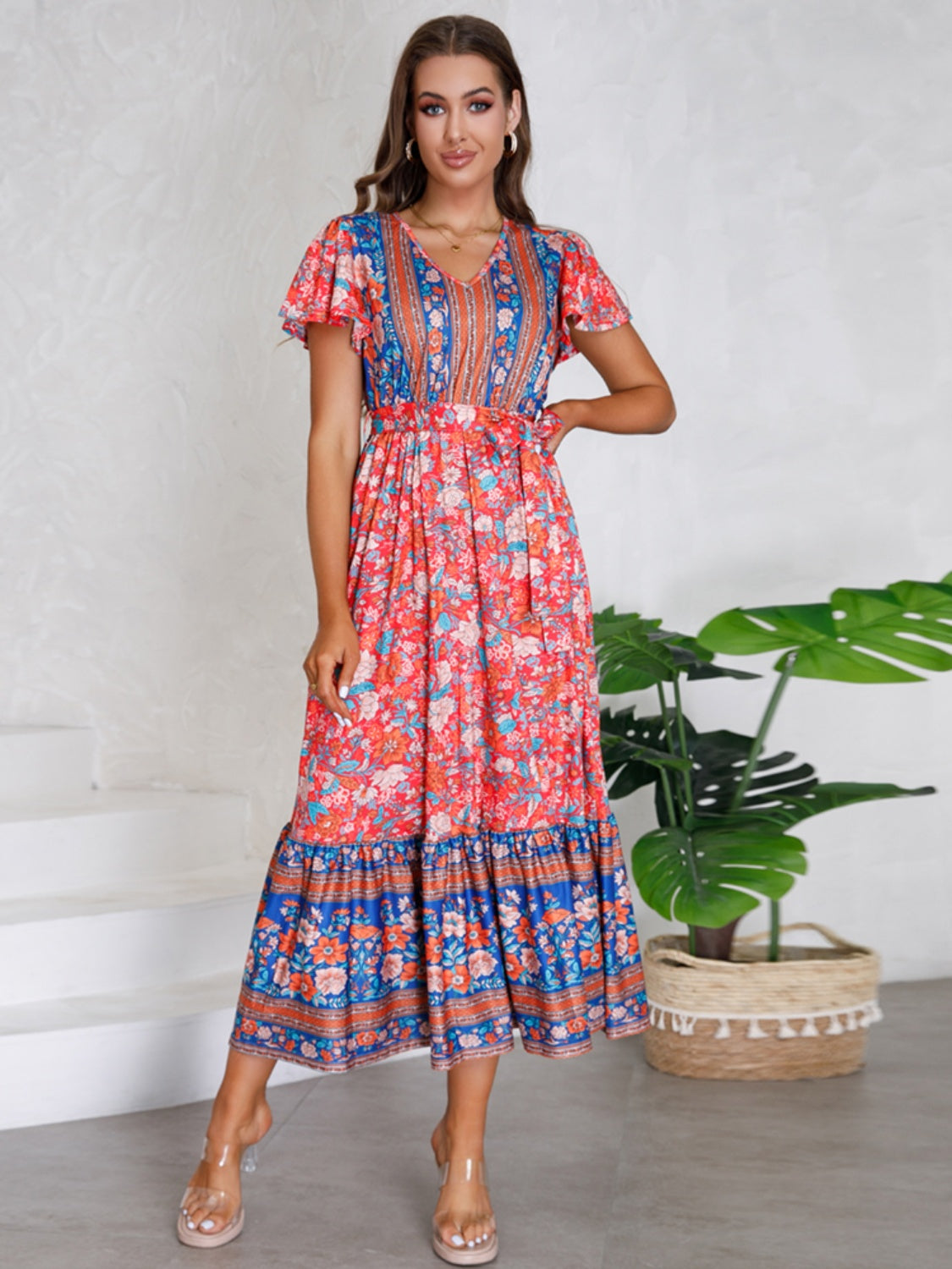 Tied Printed V-Neck Short Sleeve Dress - The Boutie Shop