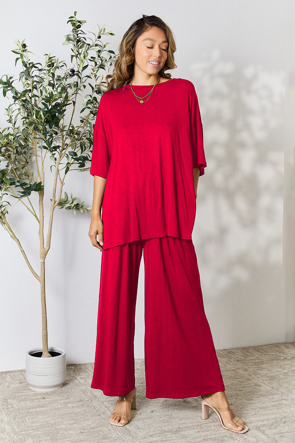 Double Take Full Size Round Neck Slit Top and Pants Set - The Boutie Shop