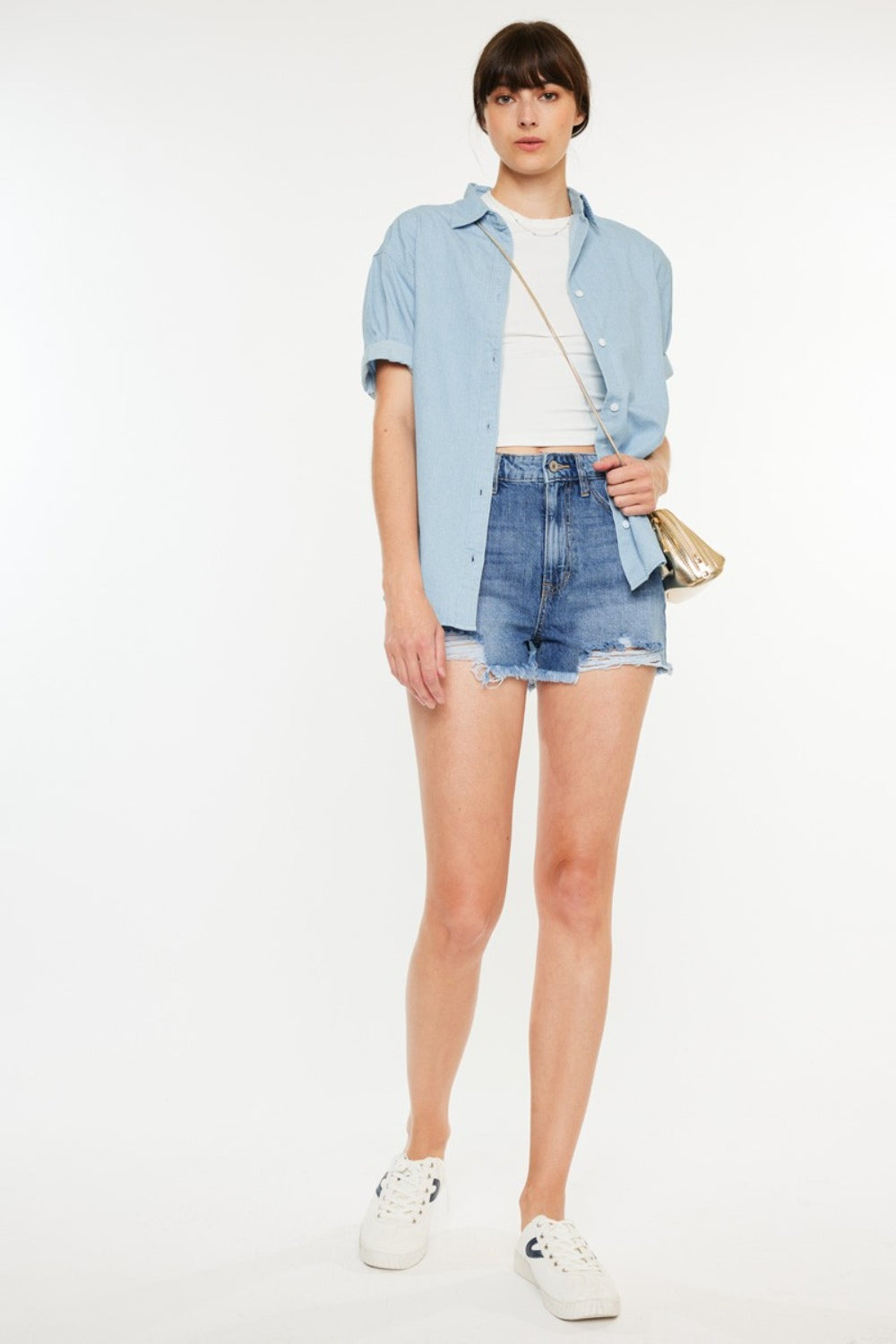 Kancan Distressed Raw Hem High Waist Denim Shorts - The Boutie Shop