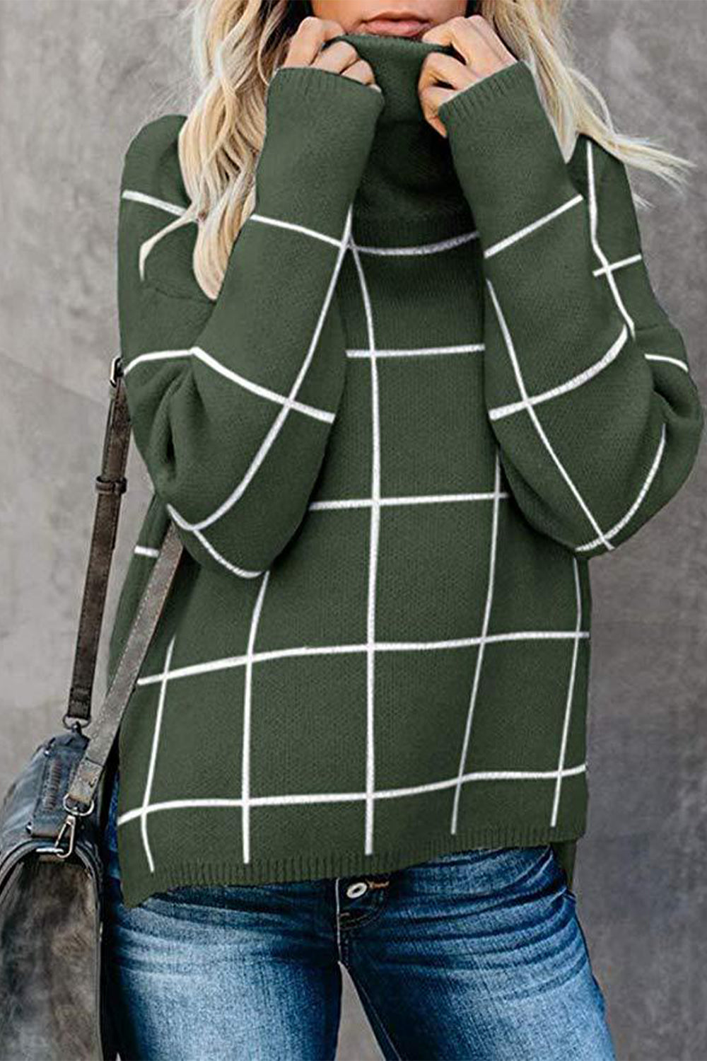 Angel Wings Plaid Turtleneck Drop Shoulder Sweater - The Boutie Shop