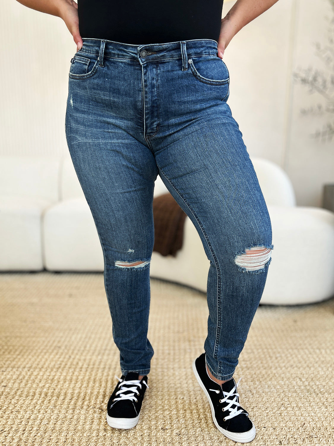 Judy Blue Full Size Mid Waist Distressed Slim Jeans - The Boutie Shop