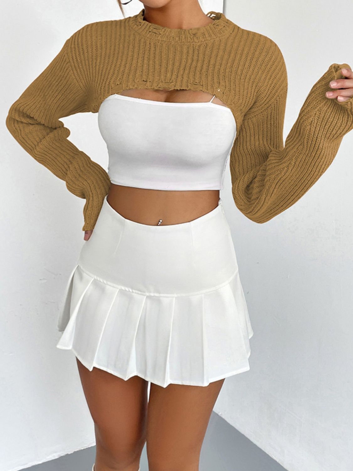 Distressed Long Sleeve Cropped Sweater - The Boutie Shop