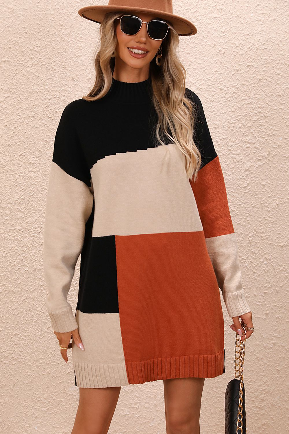 Color Block Mock Neck Dropped Shoulder Sweater Dress - The Boutie Shop