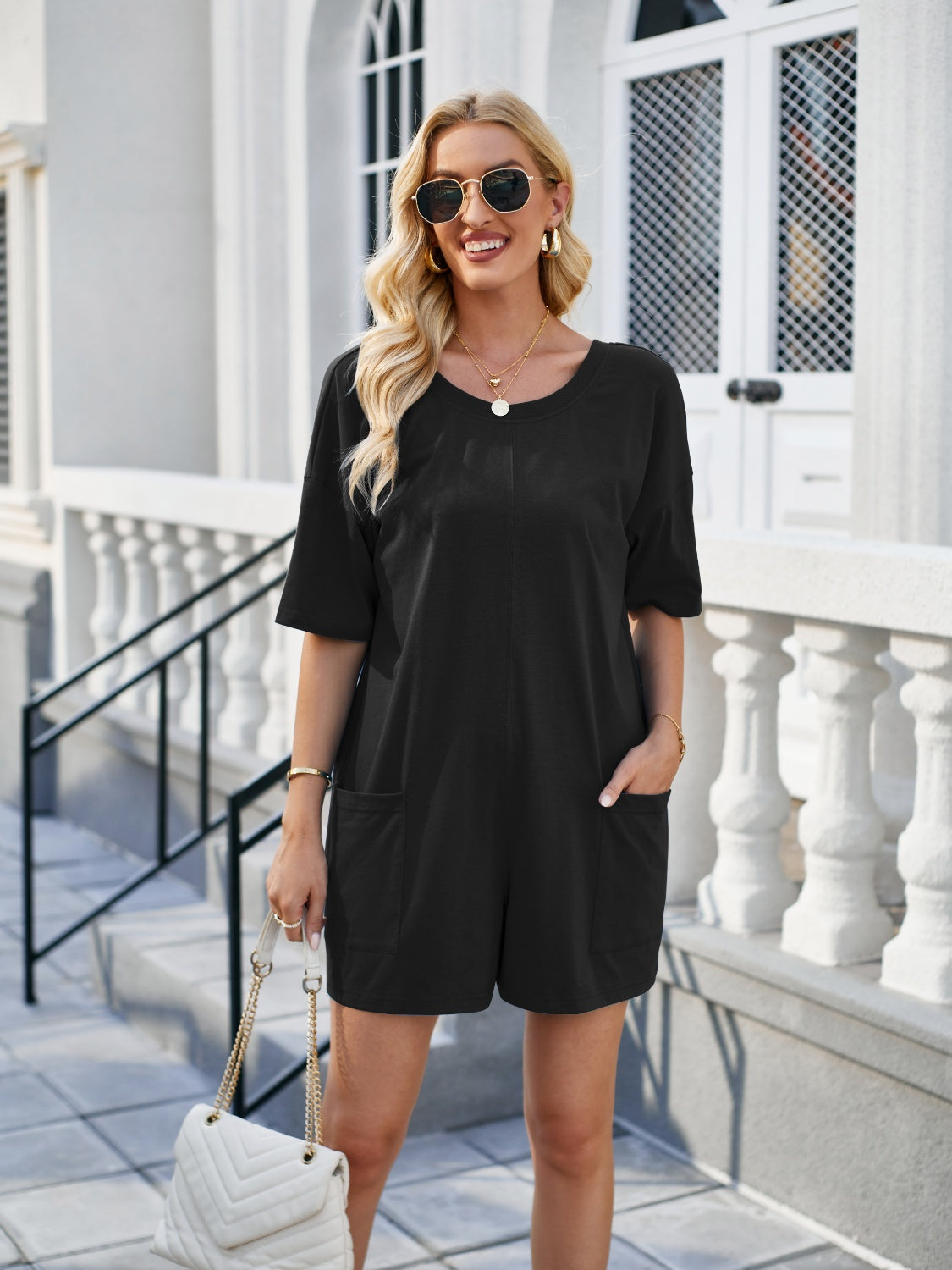 Lovelet Backless Pocketed Round Neck Half Sleeve Romper - The Boutie Shop