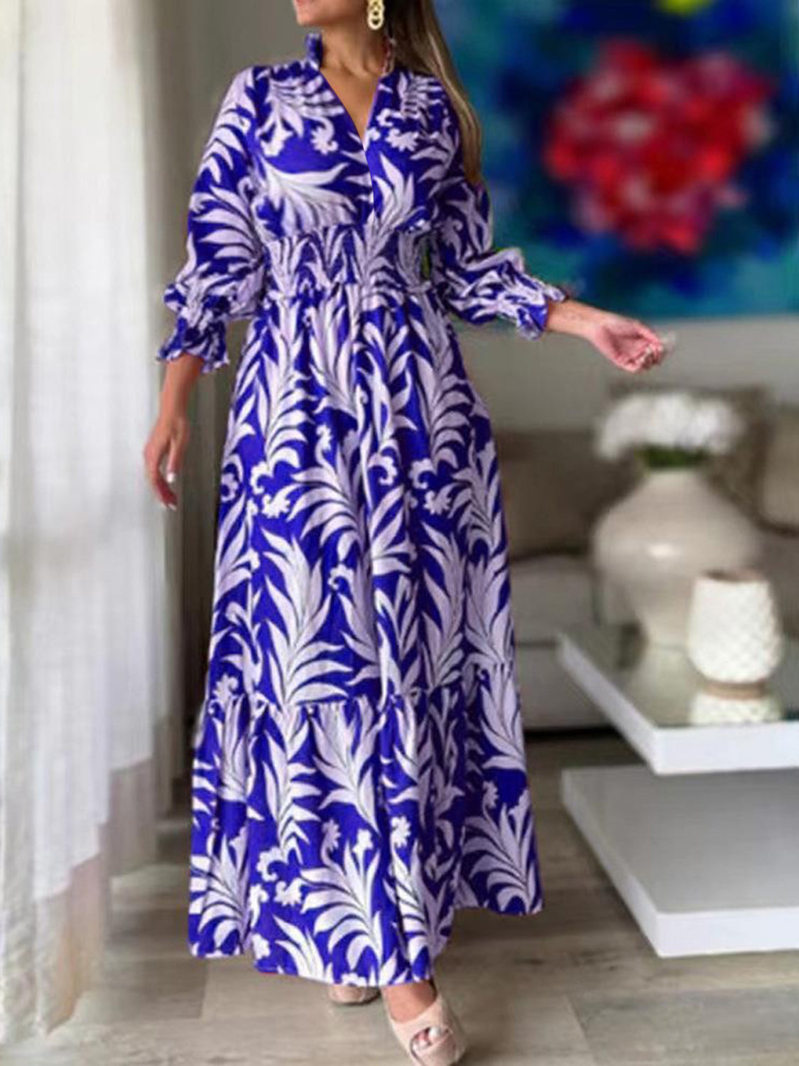 Printed Flounce Sleeve Maxi Dress - The Boutie Shop