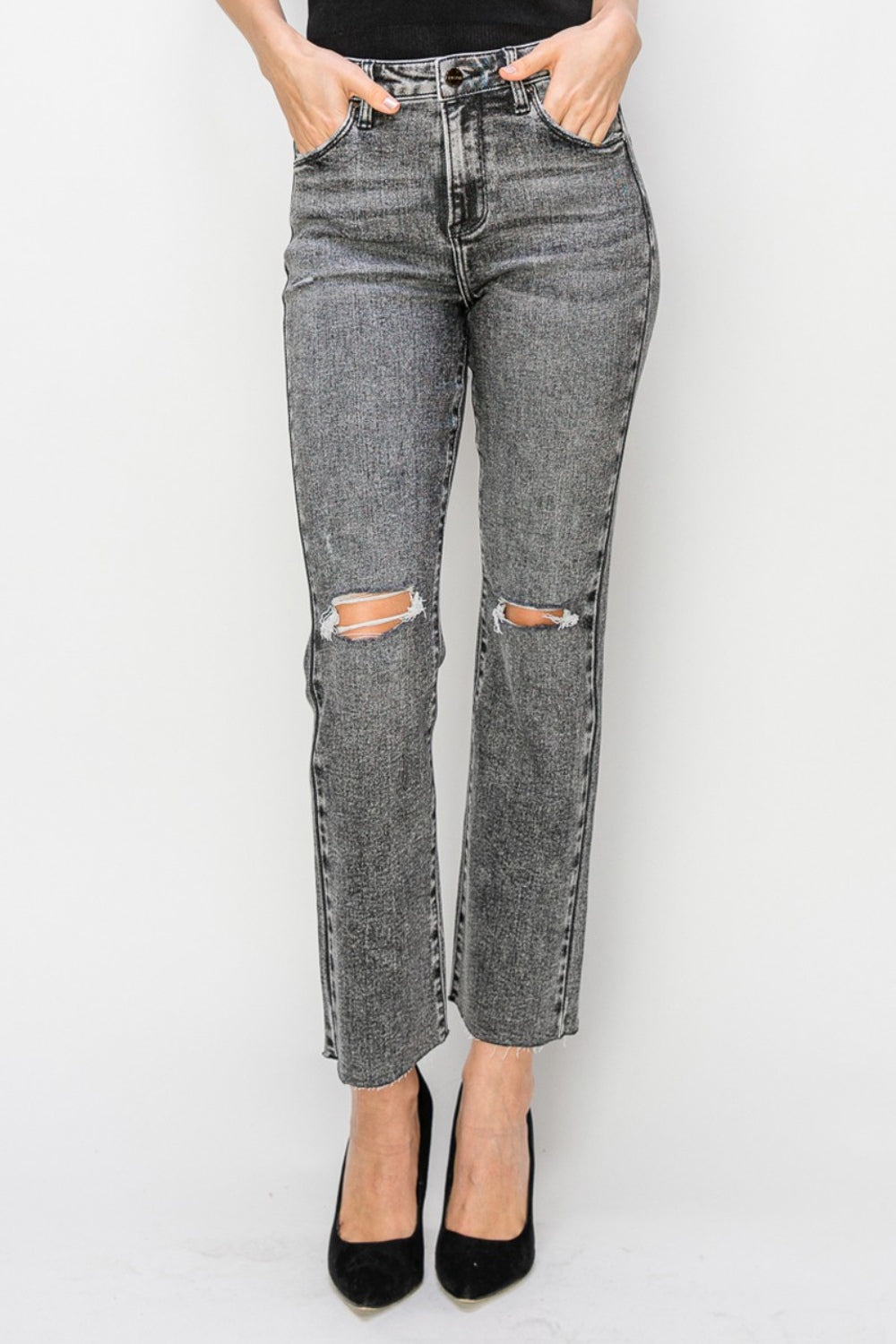 RISEN High Waist Distressed Straight Jeans - The Boutie Shop