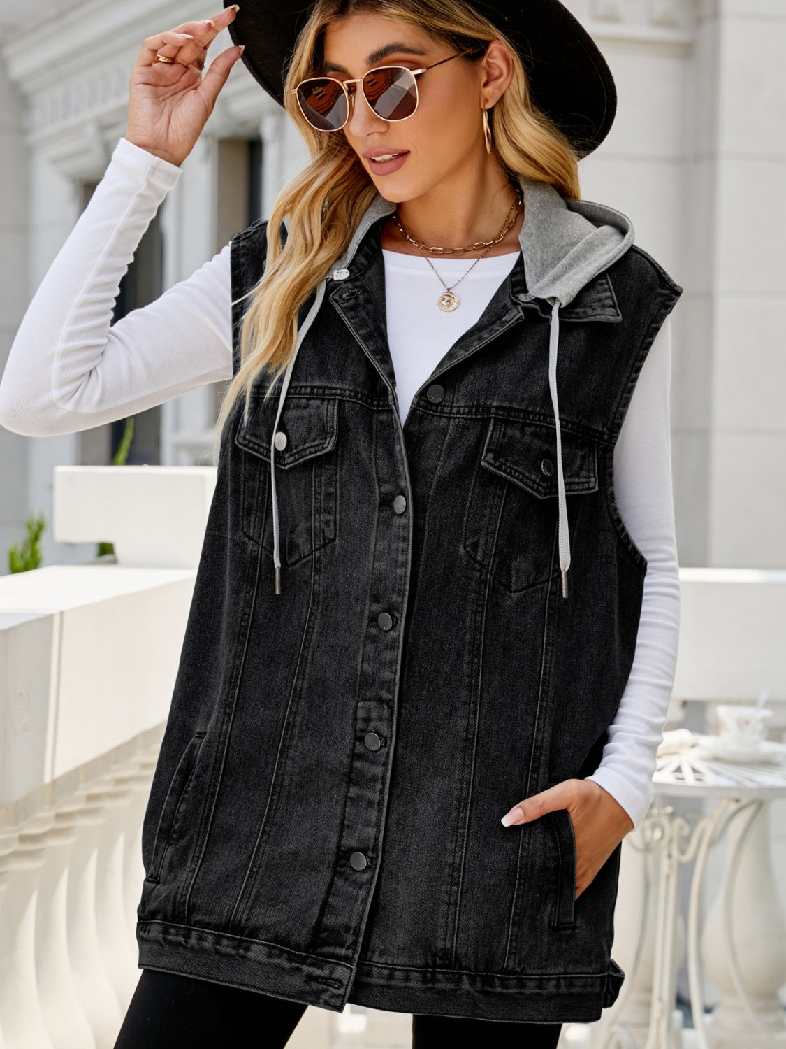 Drawstring Pocketed Button Up Sleeveless Denim Jacket - The Boutie Shop