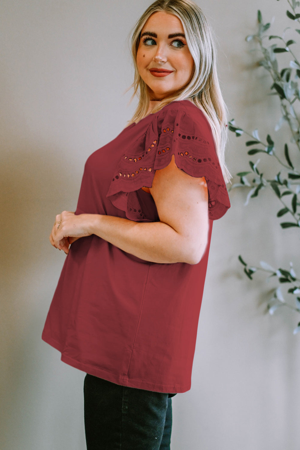 Plus Size Eyelet Round Neck Short Sleeve Blouse - The Boutie Shop