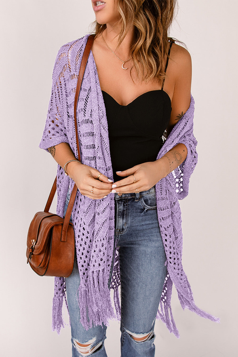 Openwork Open Front Cardigan with Fringes - The Boutie Shop