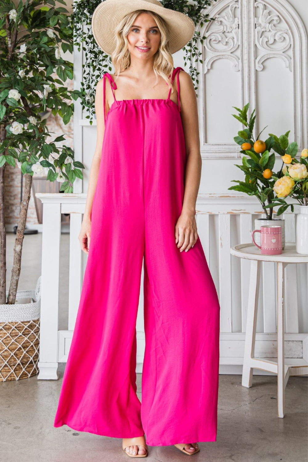 Veveret Pocketed Spaghetti Strap Wide Leg Jumpsuit - The Boutie Shop