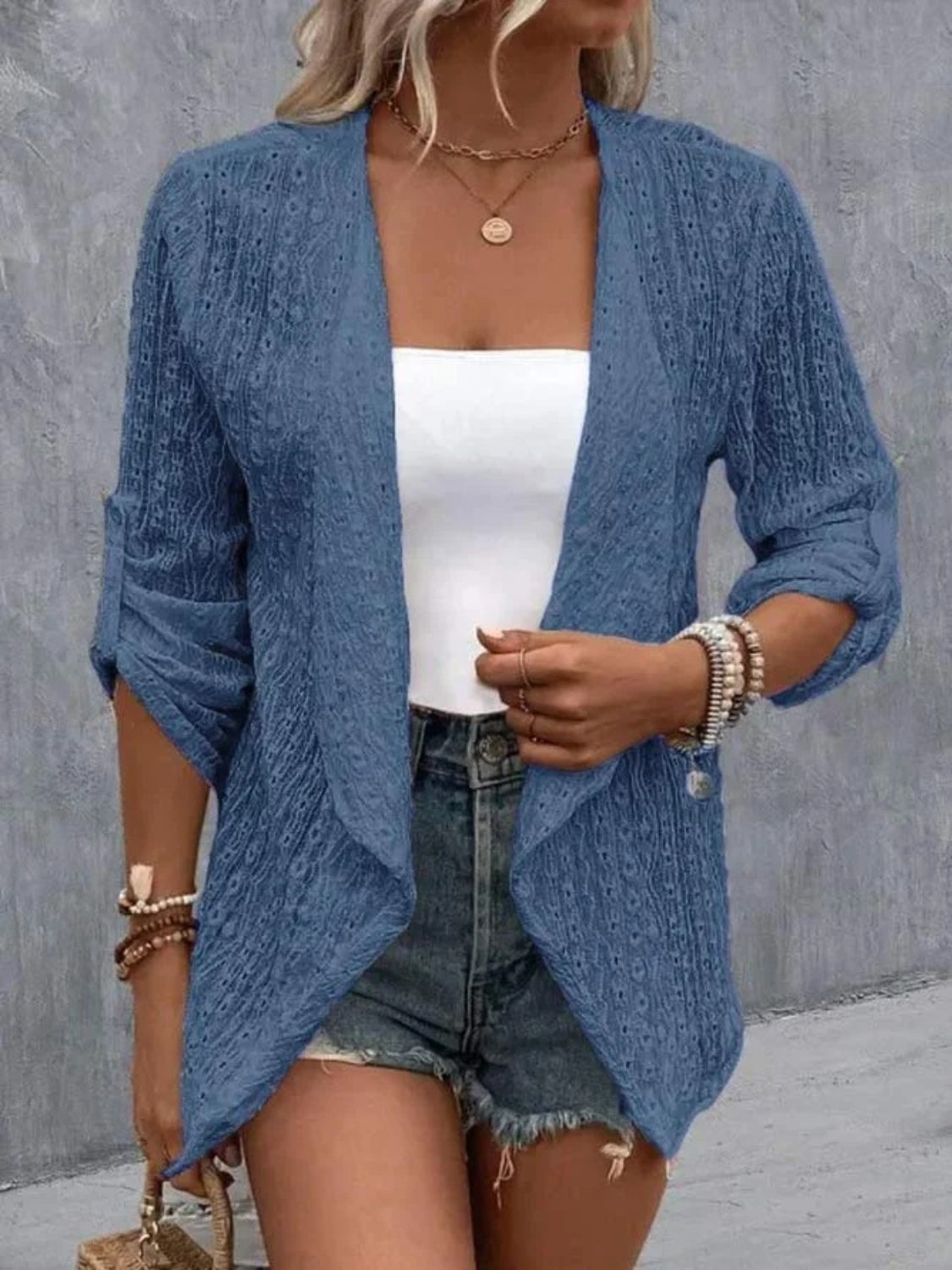 Eyelet Roll-Tab Sleeve Cardigan - The Boutie Shop