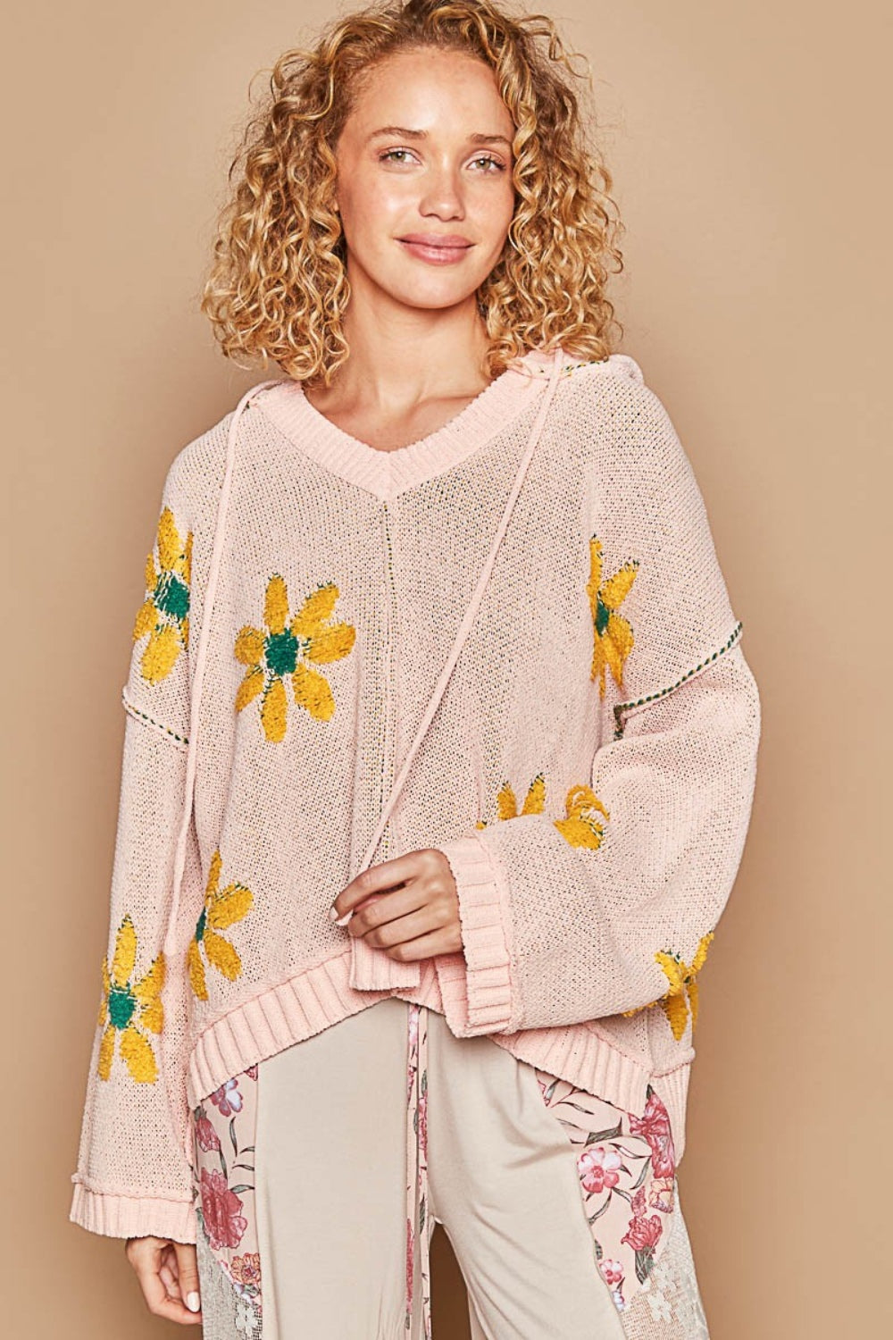 POL Floral Pattern Hooded High-Low Sweater - The Boutie Shop