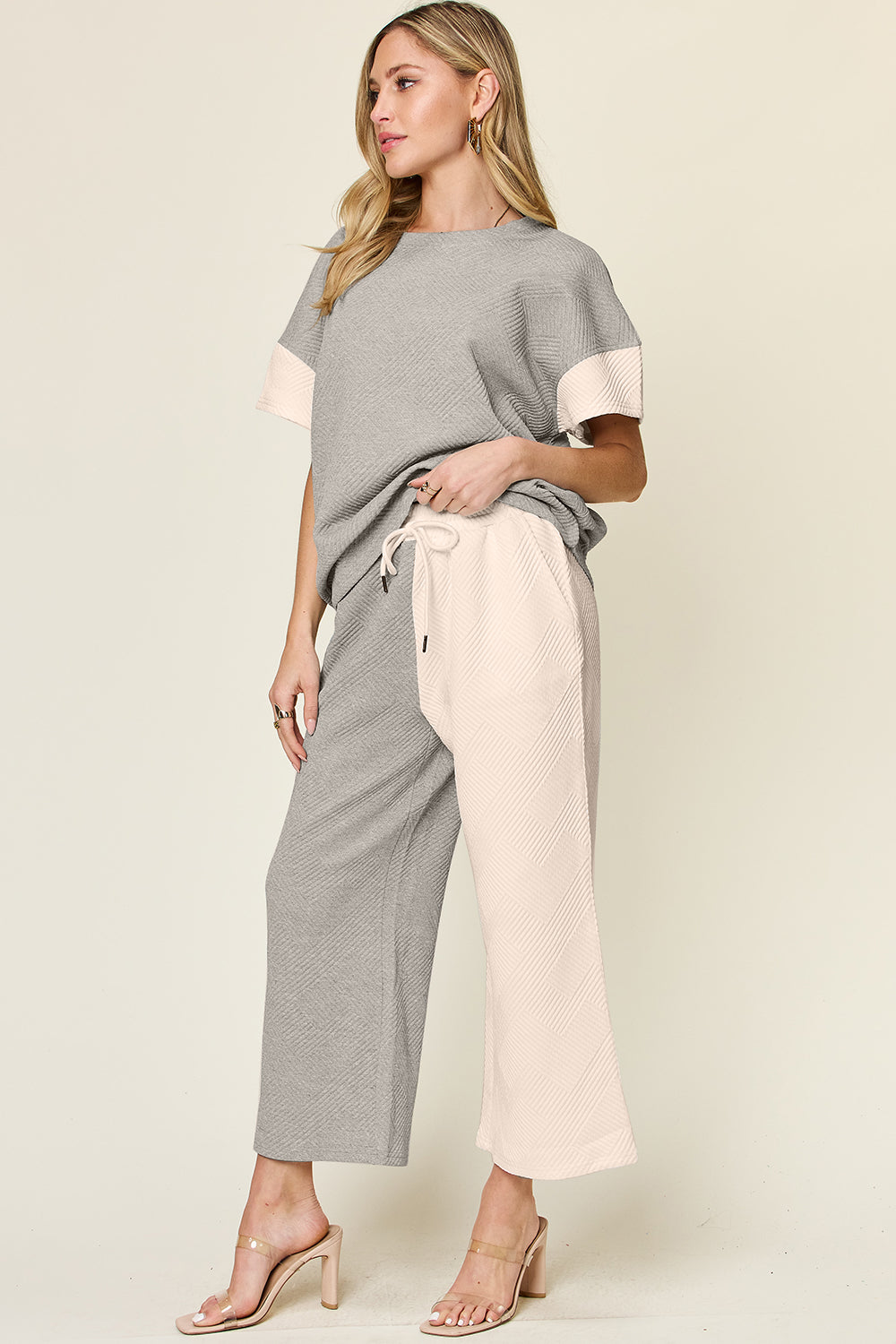 Double Take Full Size Texture Contrast T-Shirt and Wide Leg Pants Set - The Boutie Shop