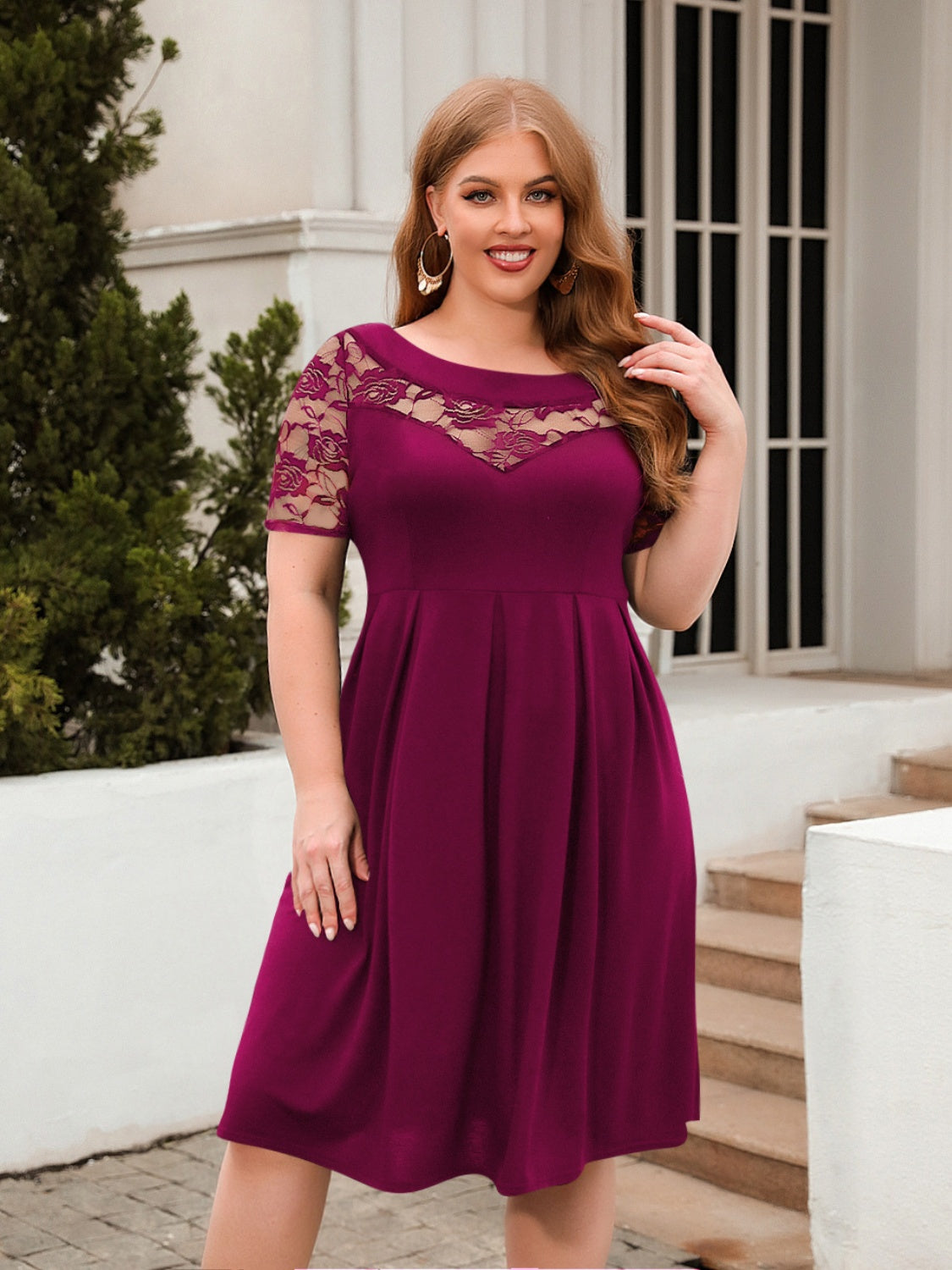 Plus Size Ruched Round Neck Short Sleeve Dress - The Boutie Shop