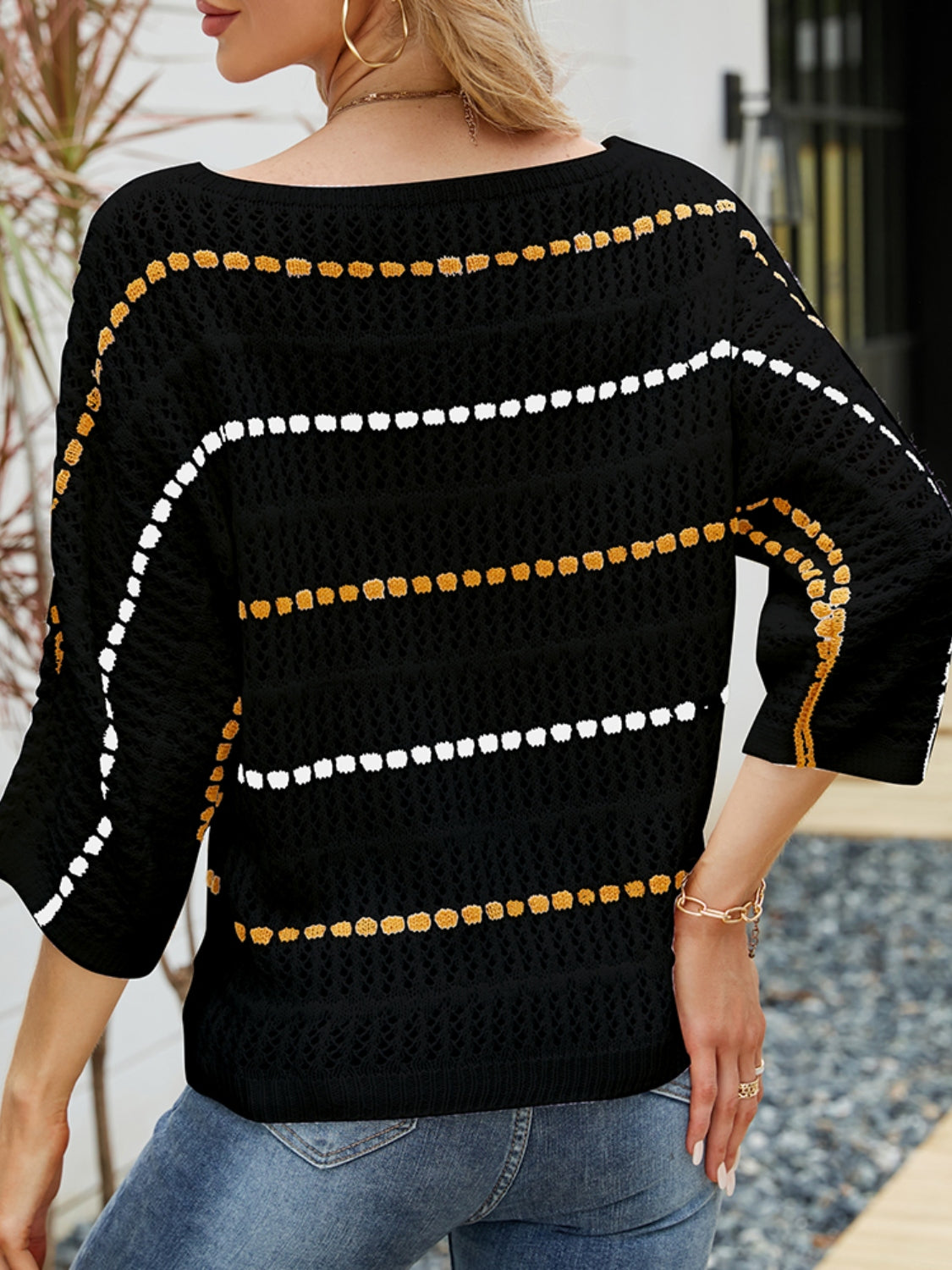 Eyelet Striped Round Neck Knit Top - The Boutie Shop