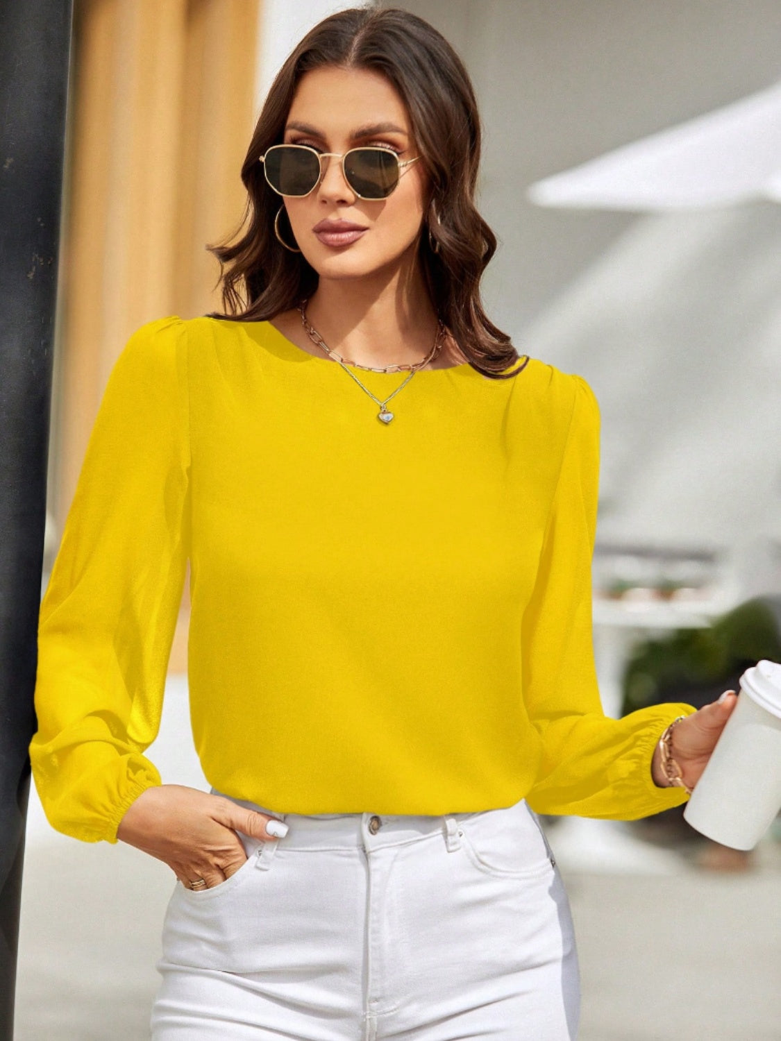 Round Neck Balloon Sleeve Blouse - The Boutie Shop