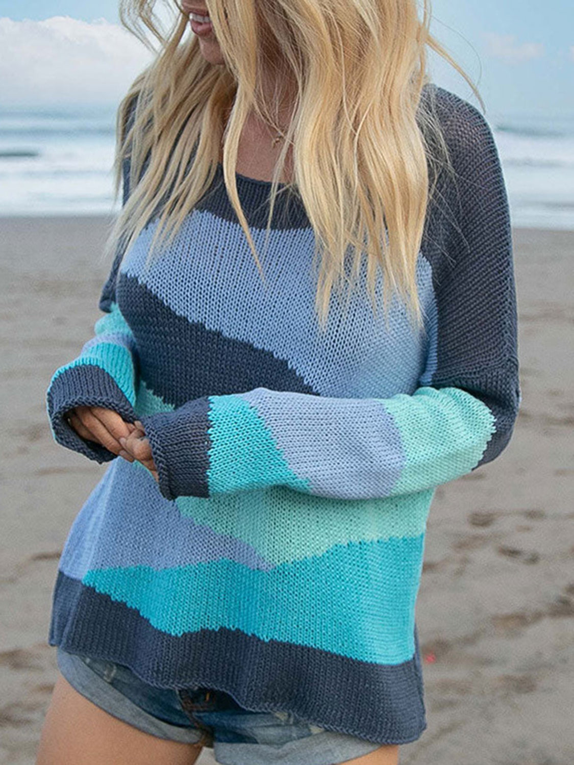 Color Block Round Neck Drop Shoulder Sweater - The Boutie Shop