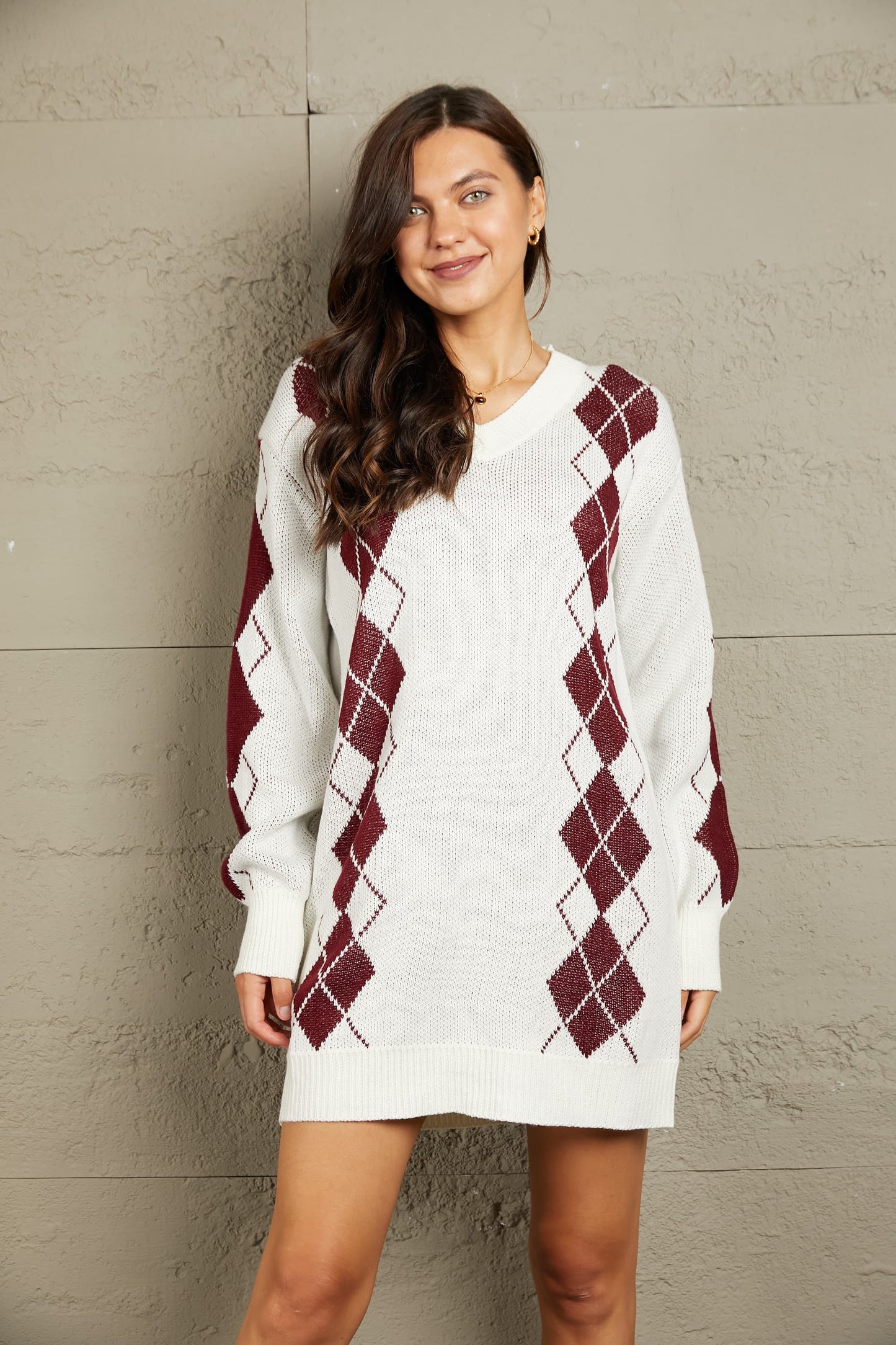 Woven Right Argyle V-Neck Ribbed Trim Sweater Dress - The Boutie Shop