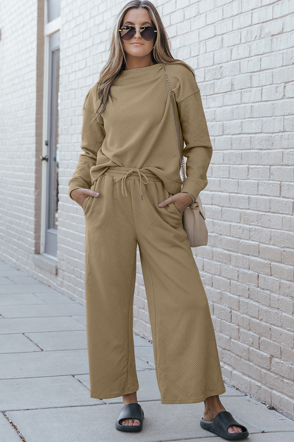 Double Take Full Size Textured Long Sleeve Top and Drawstring Pants Set - The Boutie Shop