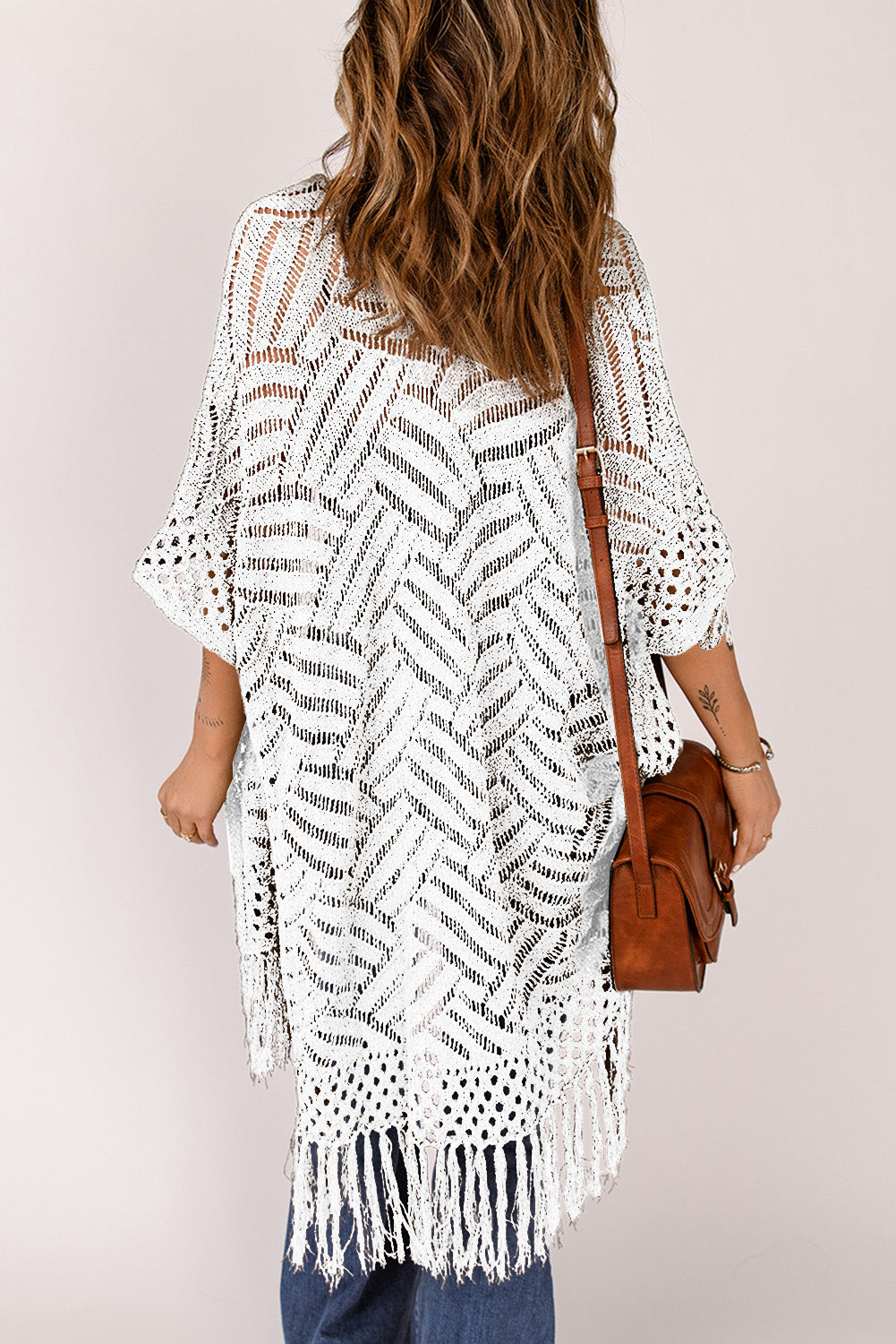 Openwork Open Front Cardigan with Fringes - The Boutie Shop