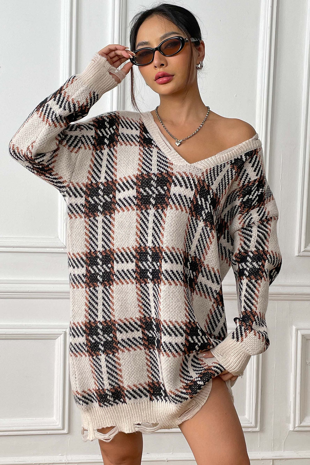 Plaid V-Neck Long Sleeve Sweater Dress - The Boutie Shop