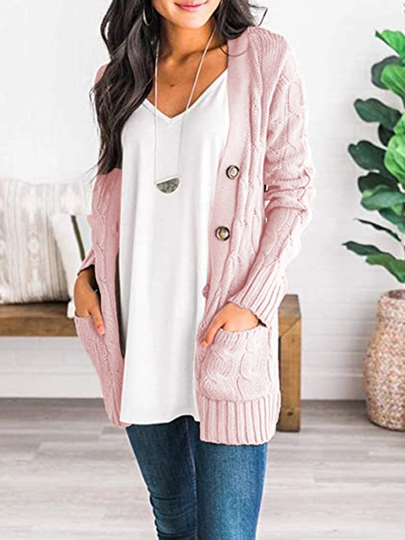 Cable-Knit Buttoned Cardigan with Pockets - The Boutie Shop