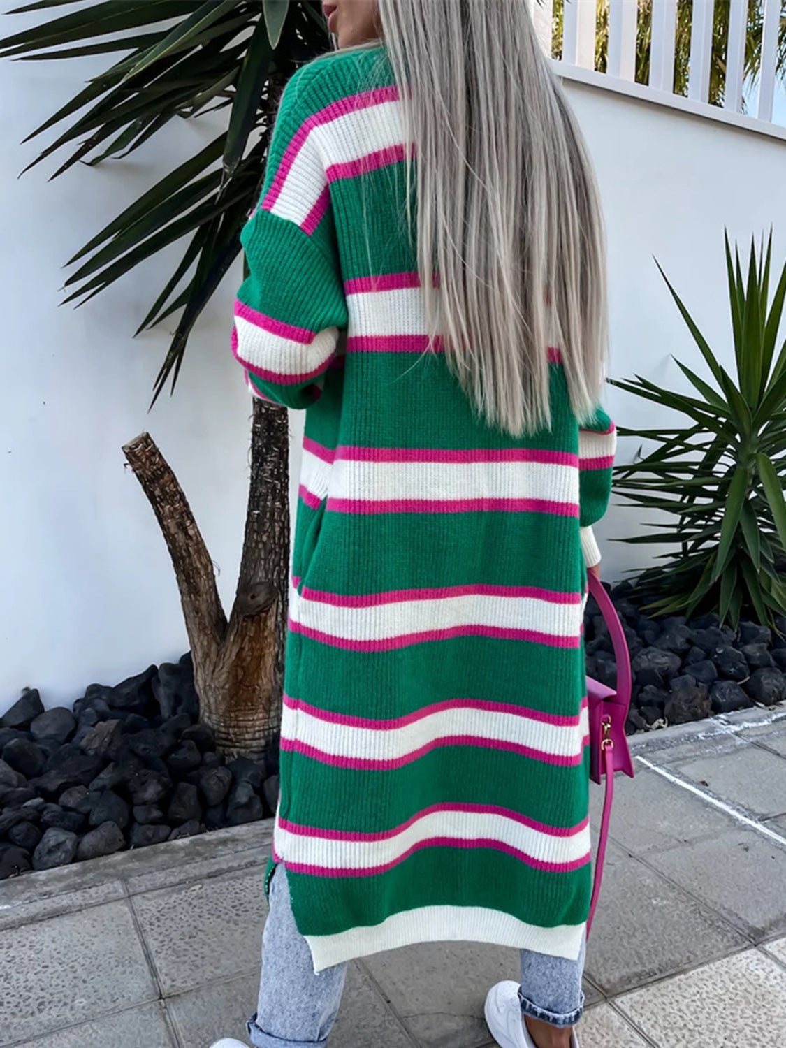 Striped Open Front Longline Cardigan - The Boutie Shop