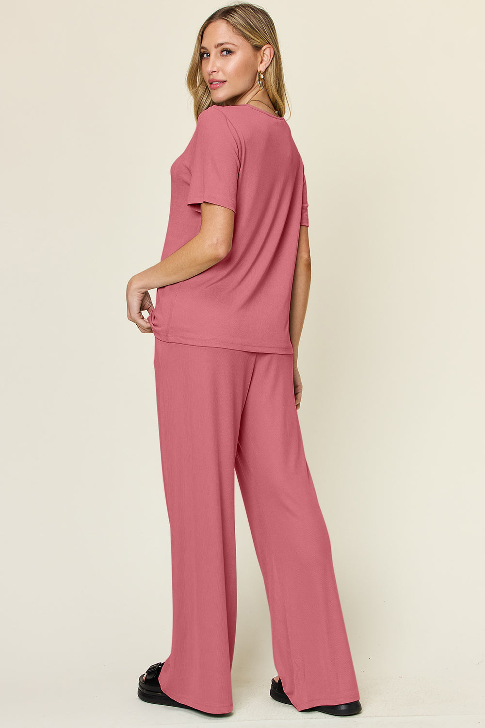 Double Take Full Size Round Neck Short Sleeve T-Shirt and Wide Leg Pants Set - The Boutie Shop