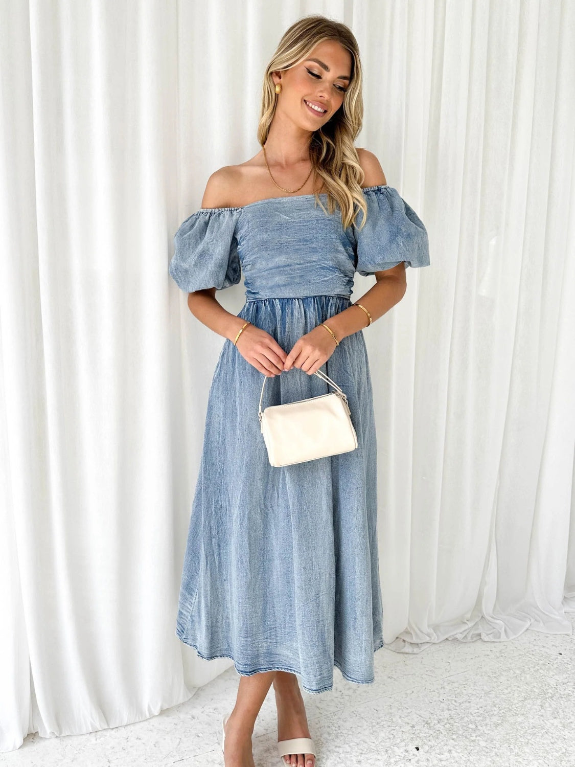 Off-Shoulder Balloon Sleeve Denim Dress - The Boutie Shop