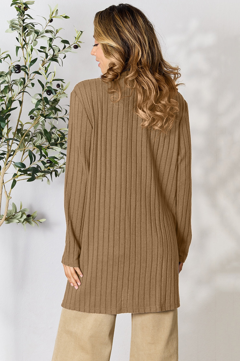 Basic Bae Full Size Ribbed Open Front Cardigan with Pockets - The Boutie Shop