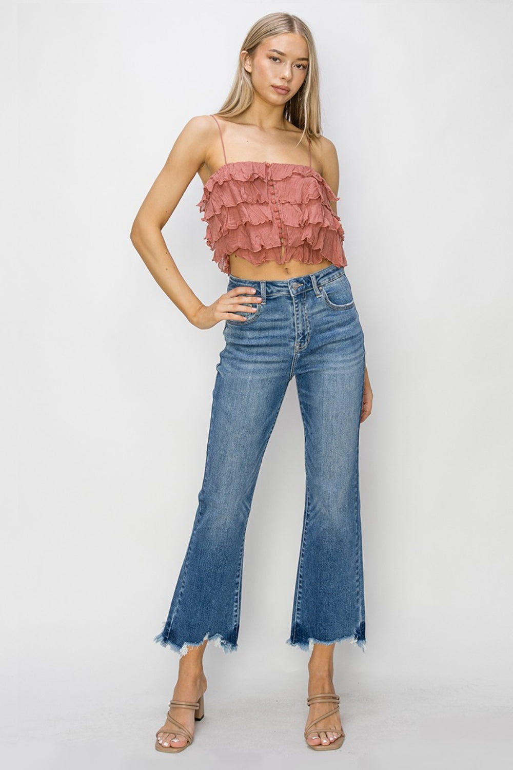 RISEN High Waist Raw Hem Flare Jeans - The Boutie Shop