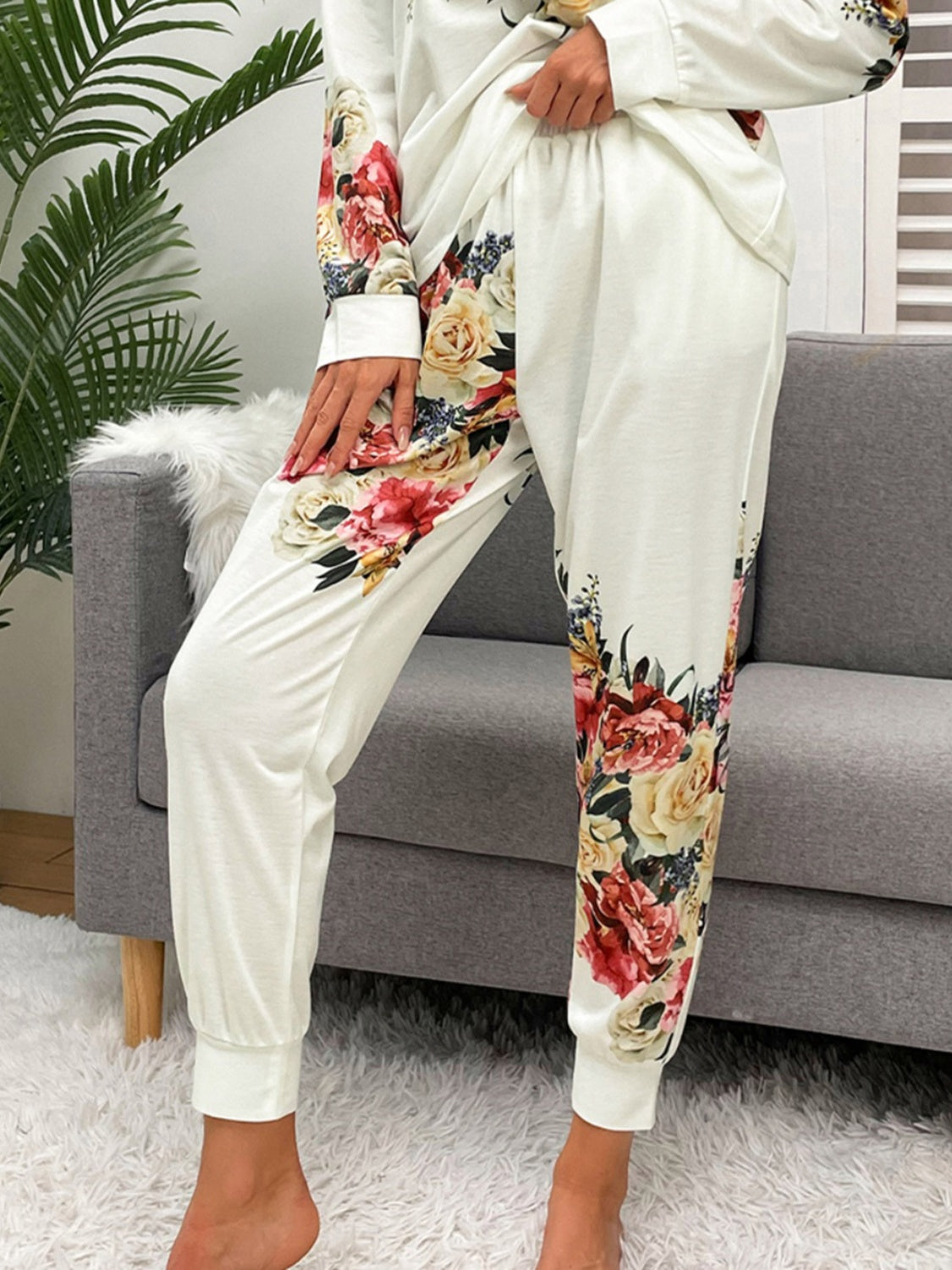 Shiny Printed Round Neck Top and Pants Lounge Set - The Boutie Shop