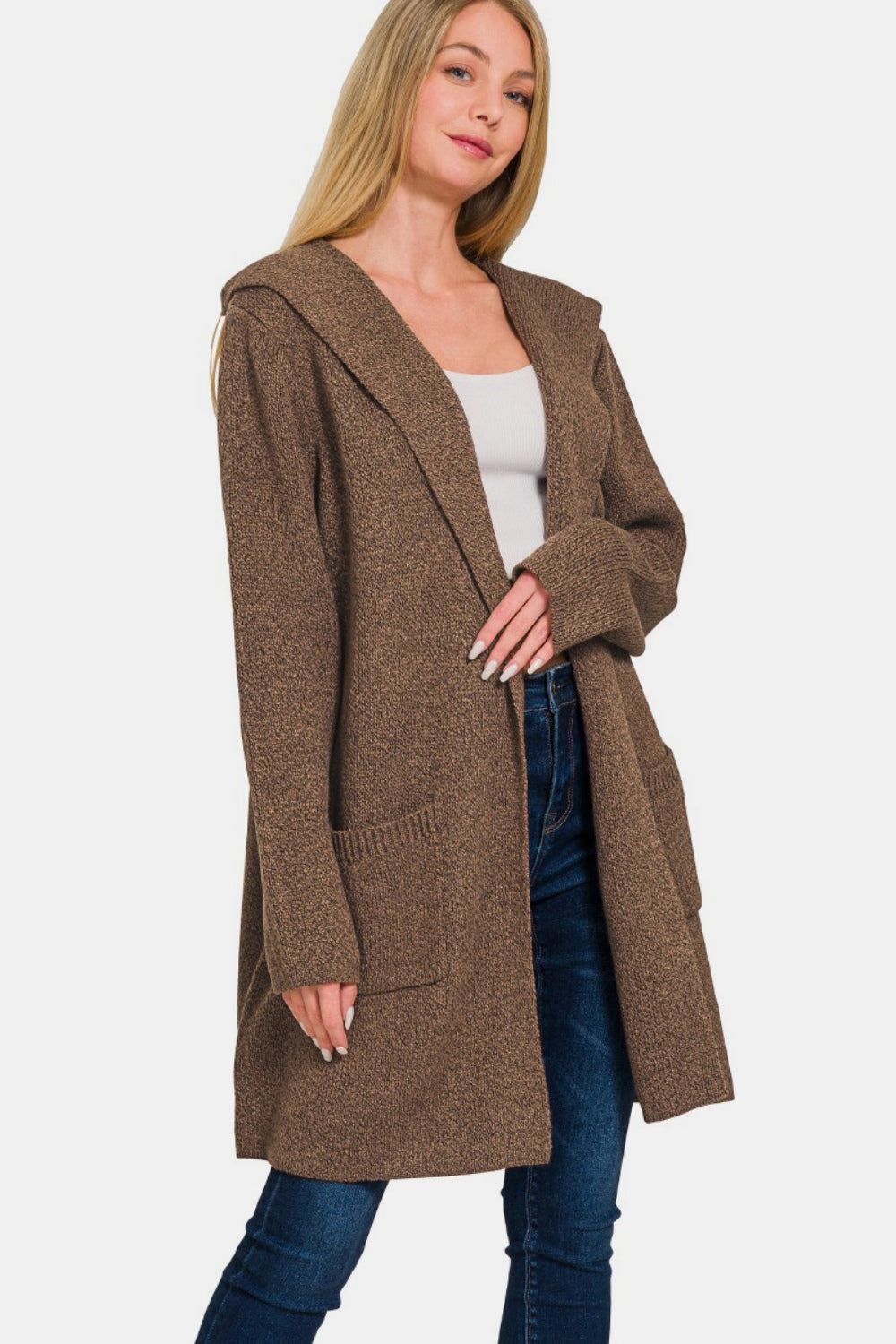 Zenana Hooded Open Front Sweater Cardigan - The Boutie Shop