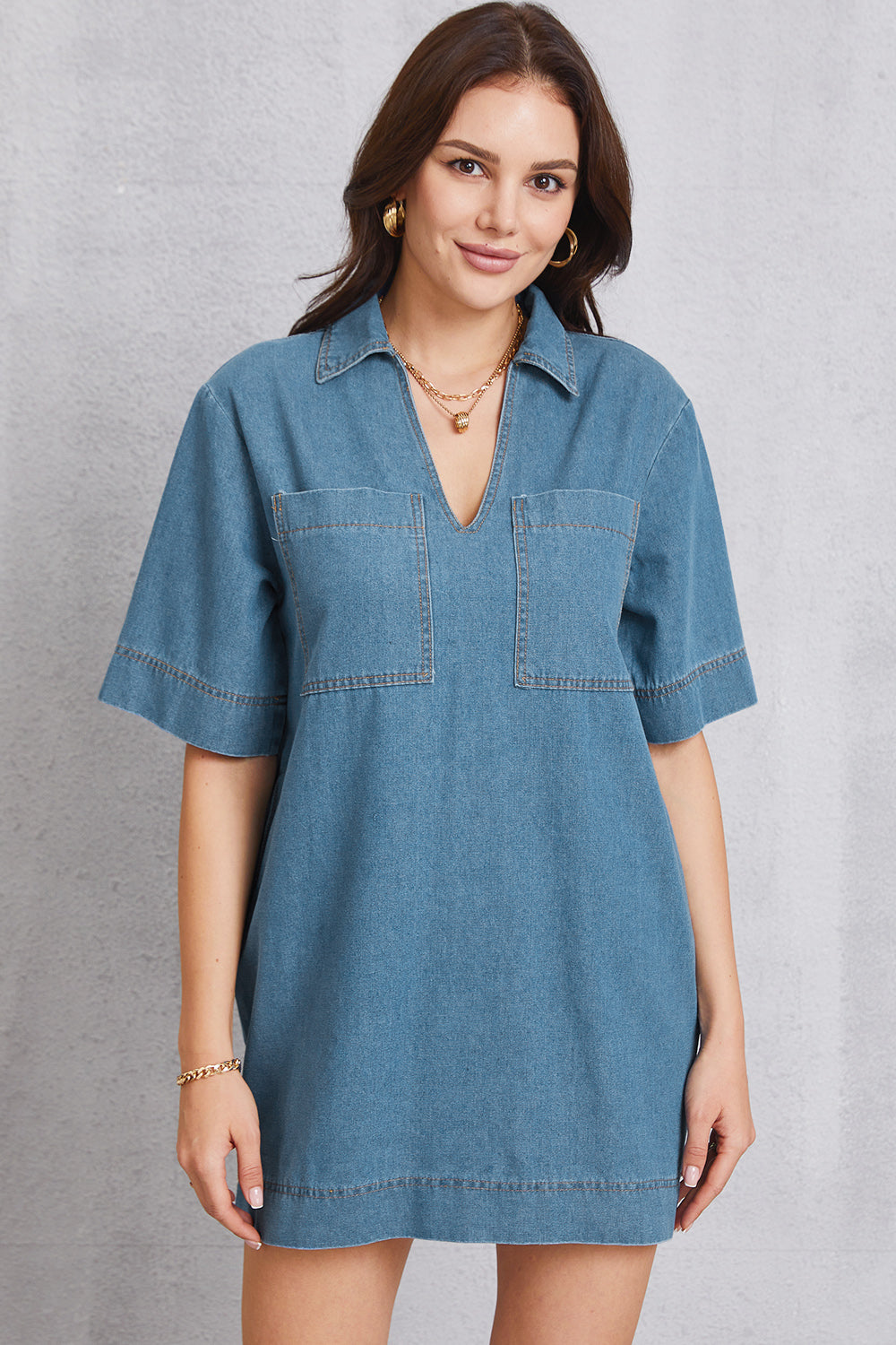 Pocketed Collared Neck Mini Denim Dress - The Boutie Shop