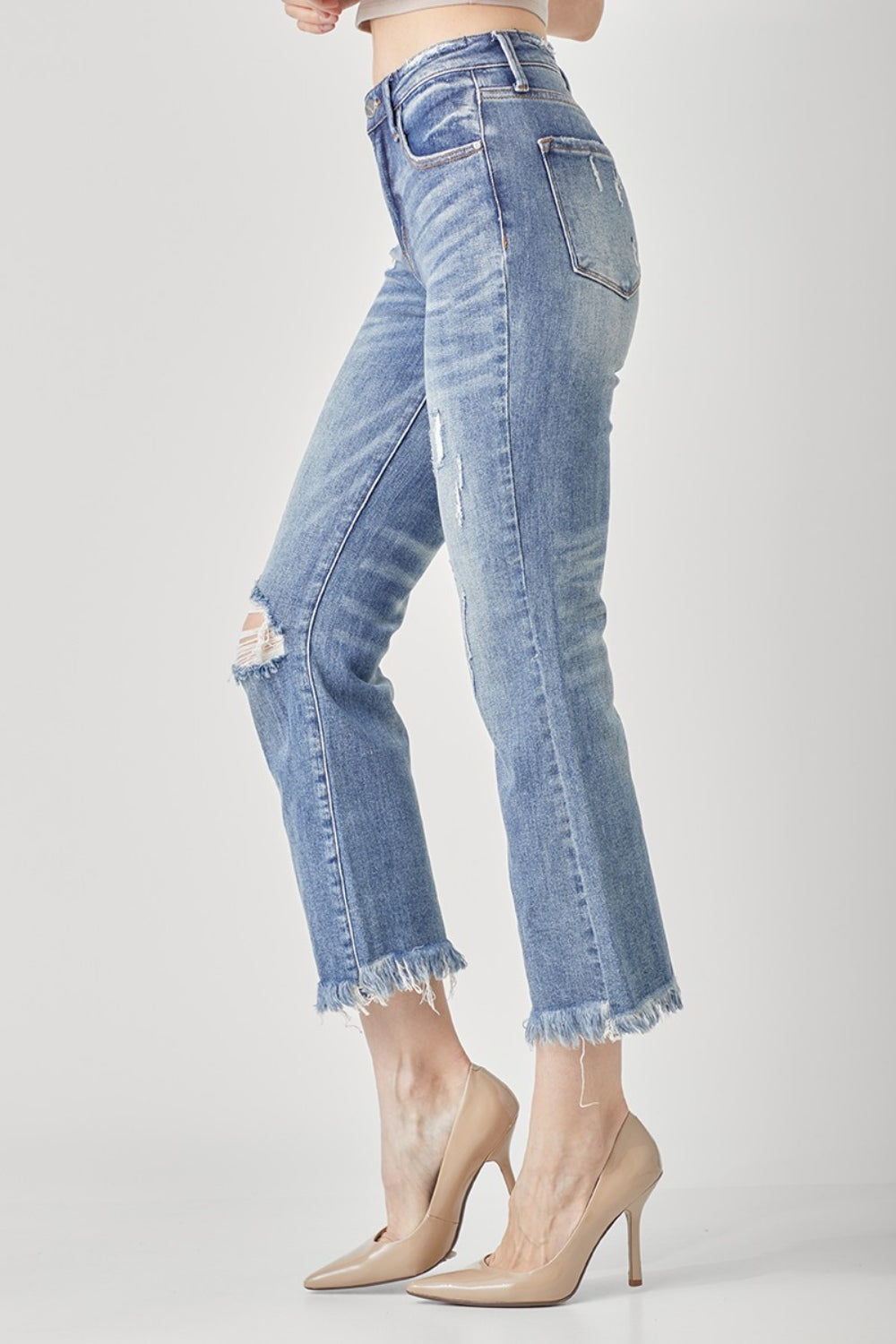 RISEN High Waist Distressed Cropped Bootcut Jeans - The Boutie Shop