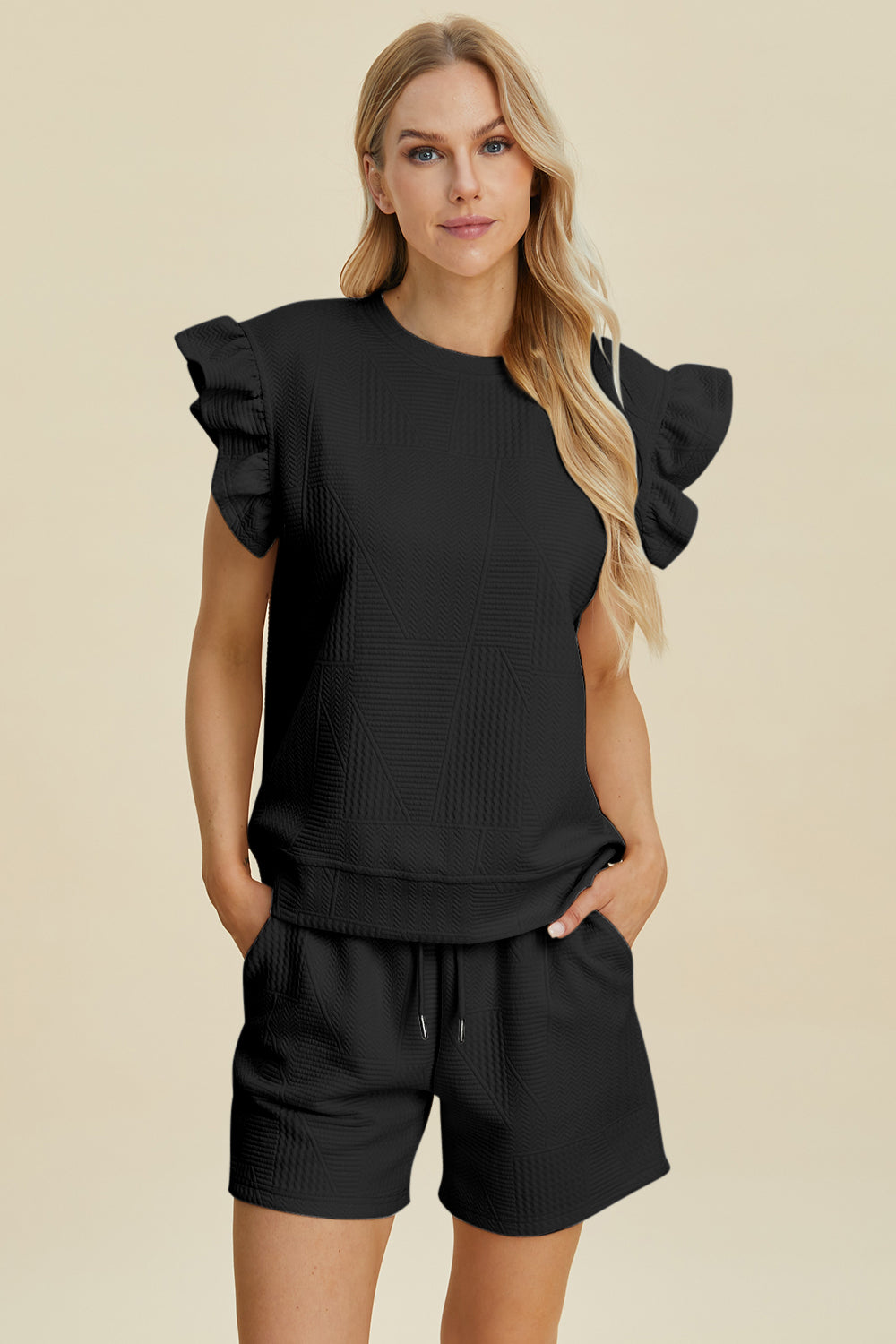 Double Take Full Size Texture Round Neck Ruffle Sleeve Top and Shorts Set - The Boutie Shop