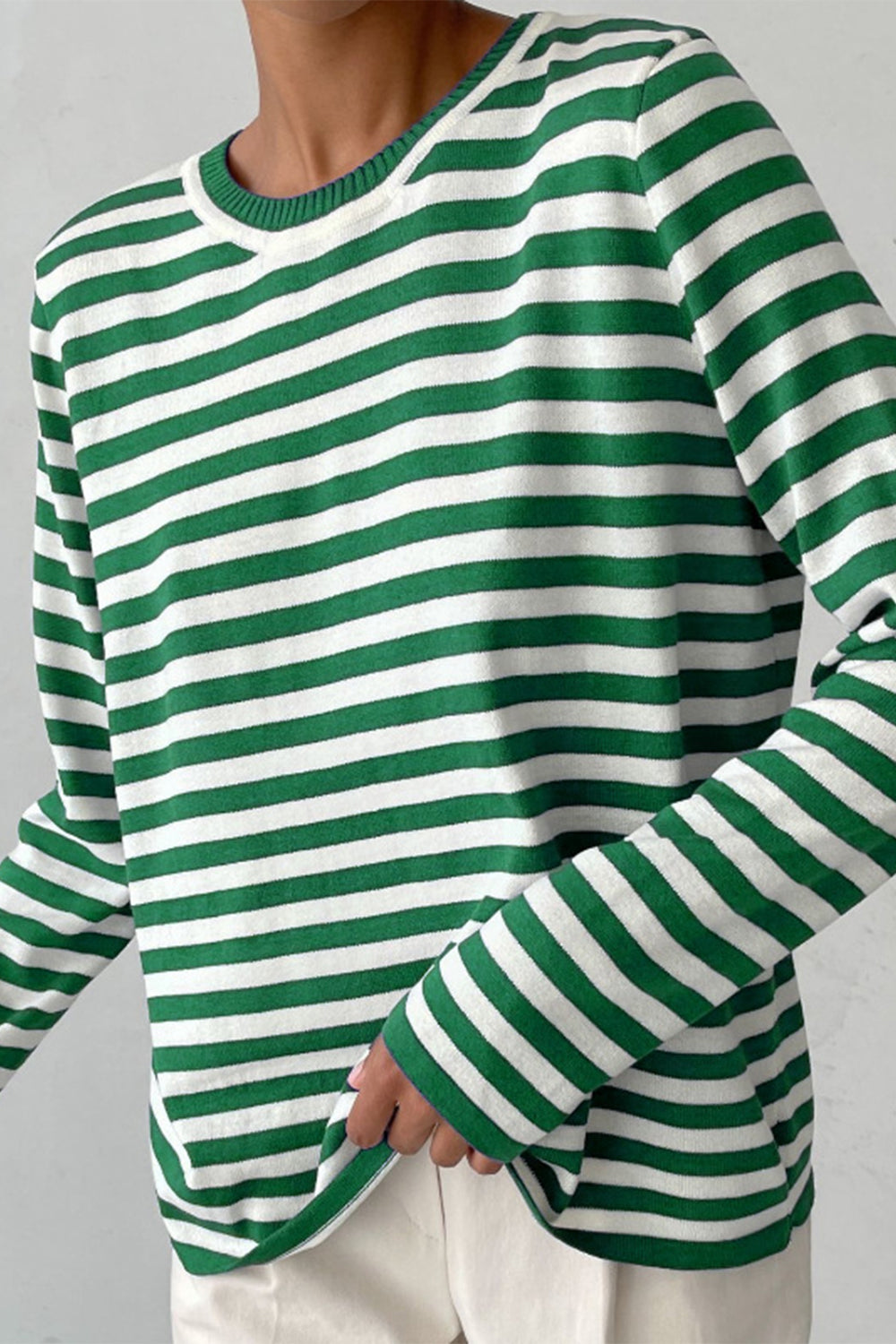 Striped Round Neck Long Sleeve Sweater - The Boutie Shop