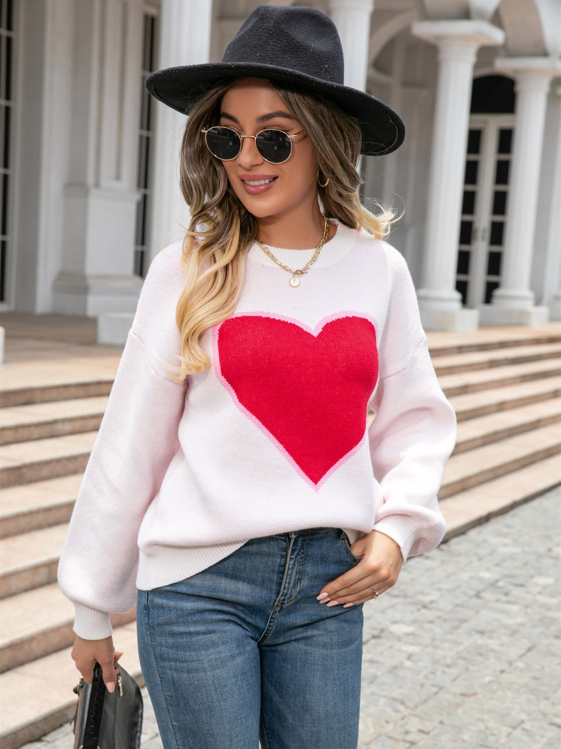 Angel Wings Heart Graphic Round Neck Sweater - The Boutie Shop