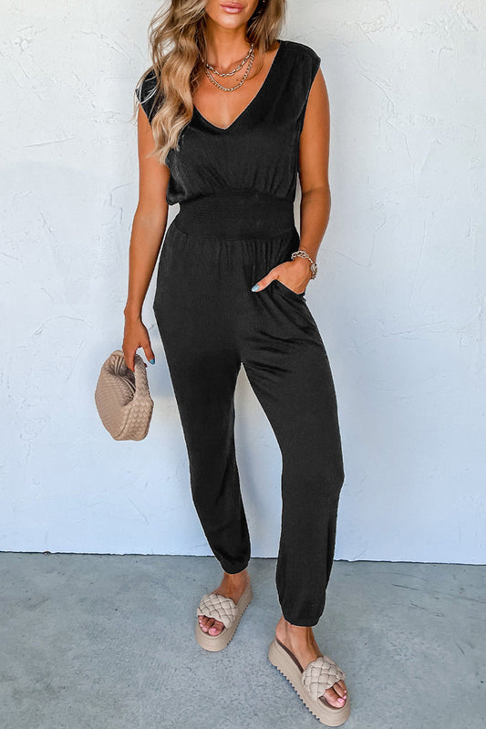 V-Neck Wide Strap Pocketed Jumpsuit - The Boutie Shop