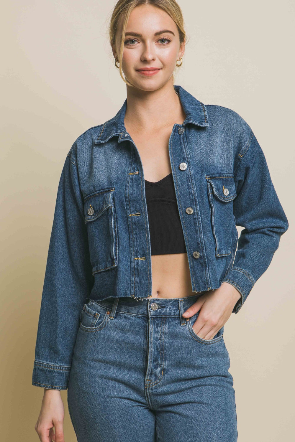 Love Tree Raw Hem Button Up Cropped Denim Jacket - The Boutie Shop