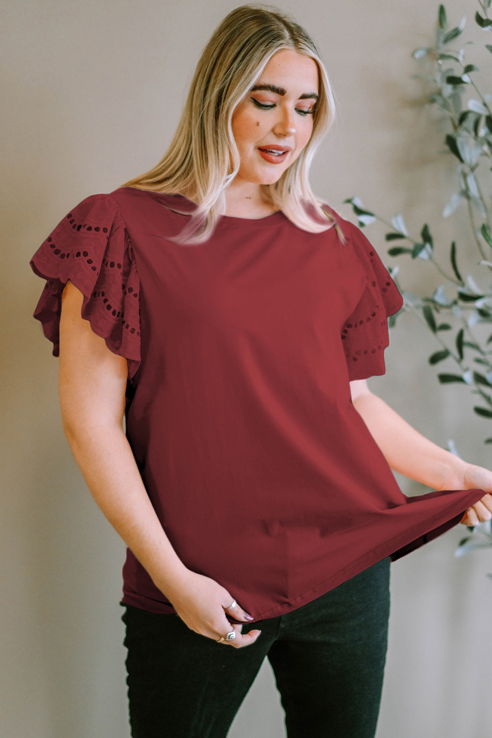 Plus Size Eyelet Round Neck Short Sleeve Blouse - The Boutie Shop