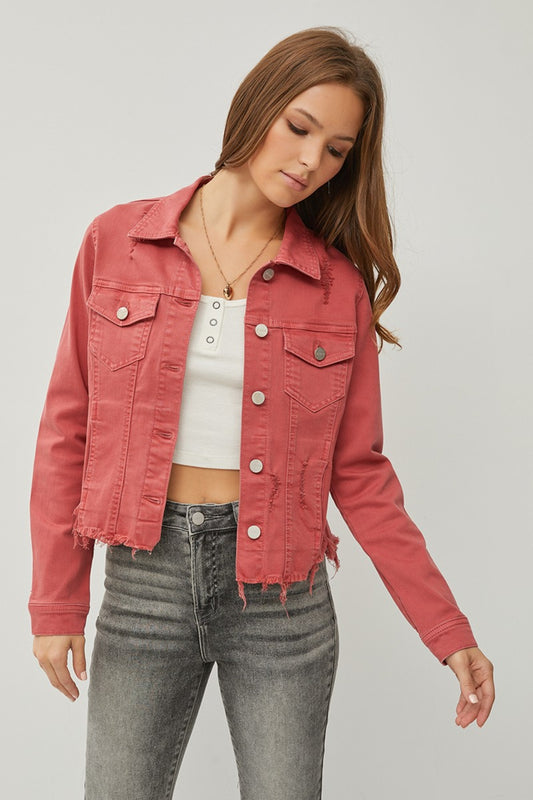 RISEN Raw Hem Button Up Cropped Denim Jacket - The Boutie Shop