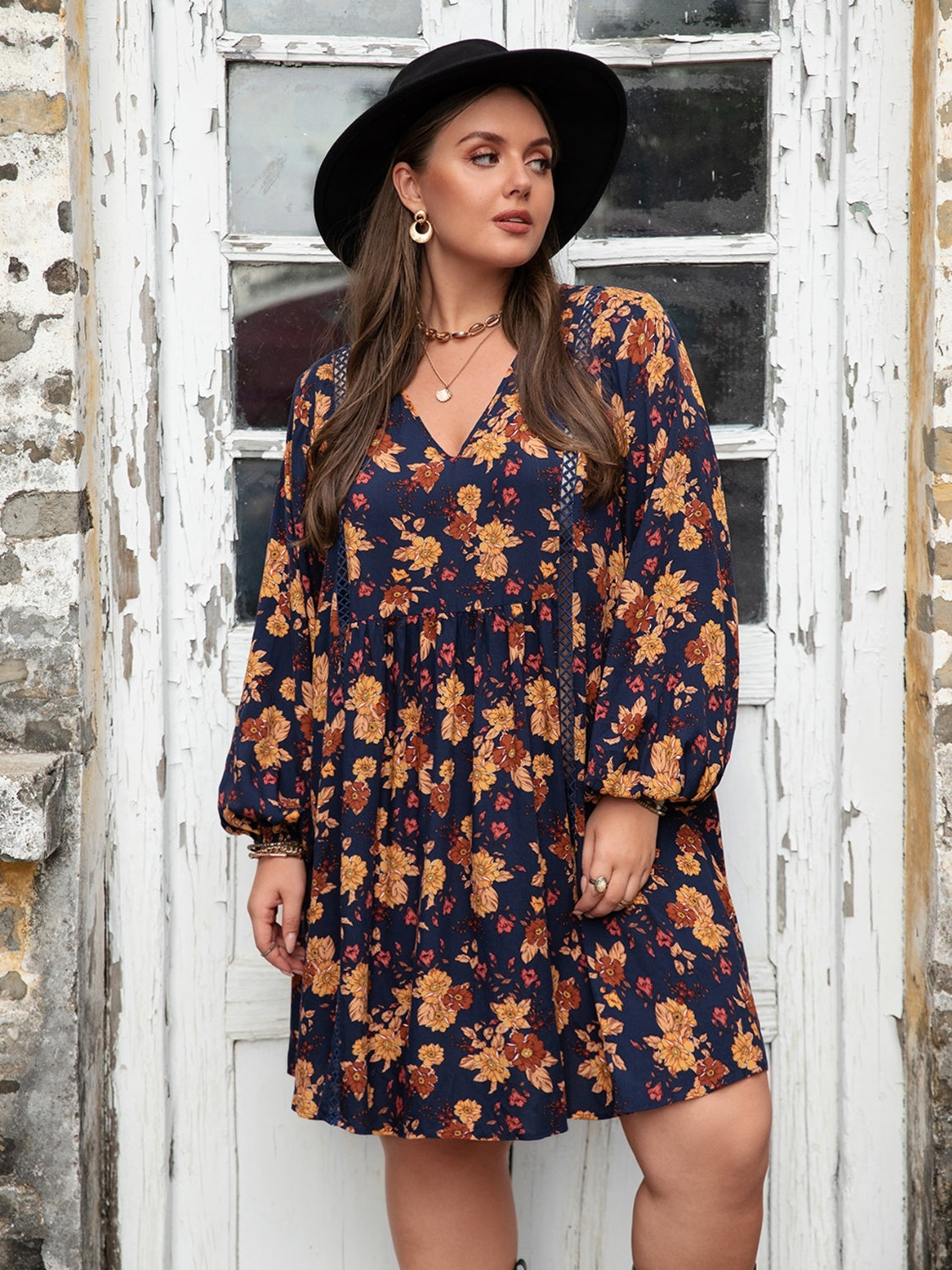 Plus Size Floral V-Neck Balloon Sleeve Dress - The Boutie Shop