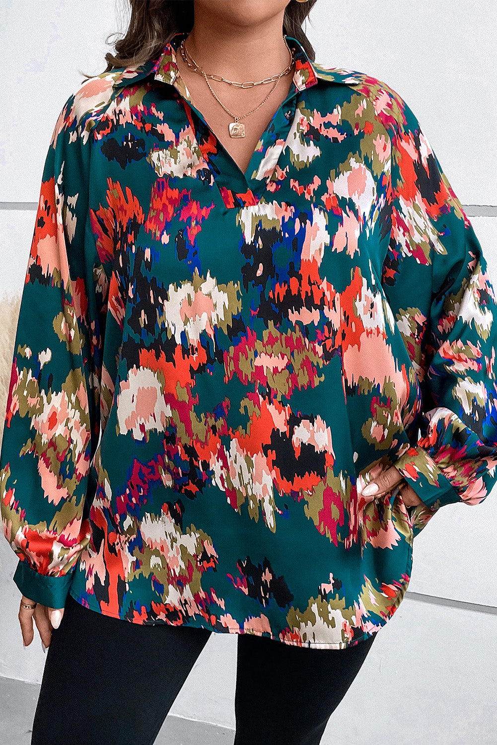 Plus Size Printed Johnny Collar Long Sleeve Blouse - The Boutie Shop