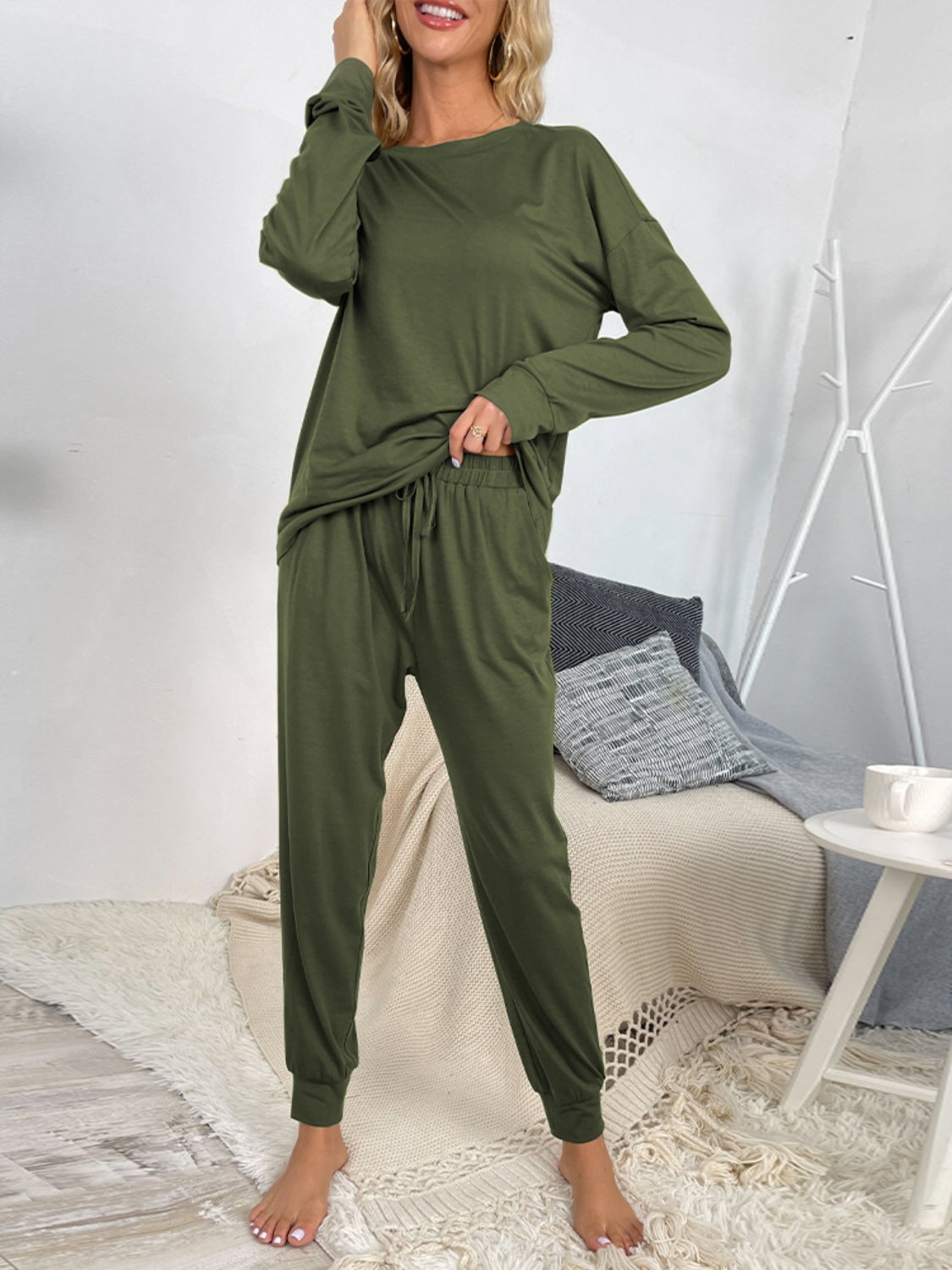 Shiny Round Neck Top and Drawstring Pants Lounge Set - The Boutie Shop