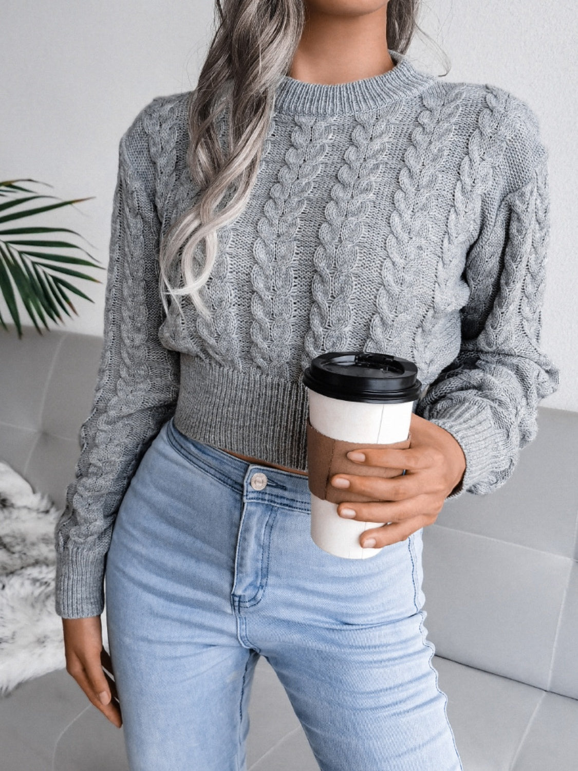 Cable-Knit Round Neck Sweater - The Boutie Shop