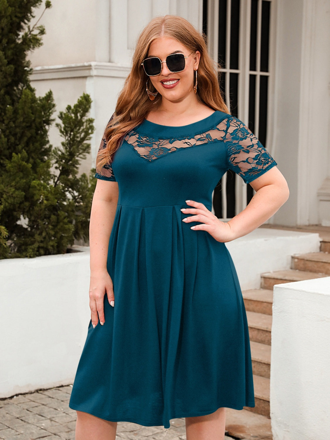 Plus Size Ruched Round Neck Short Sleeve Dress - The Boutie Shop