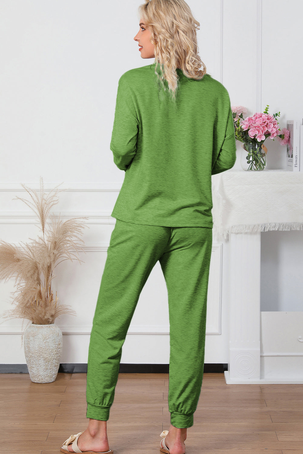 Round Neck Top and Drawstring Pants Lounge Set - The Boutie Shop