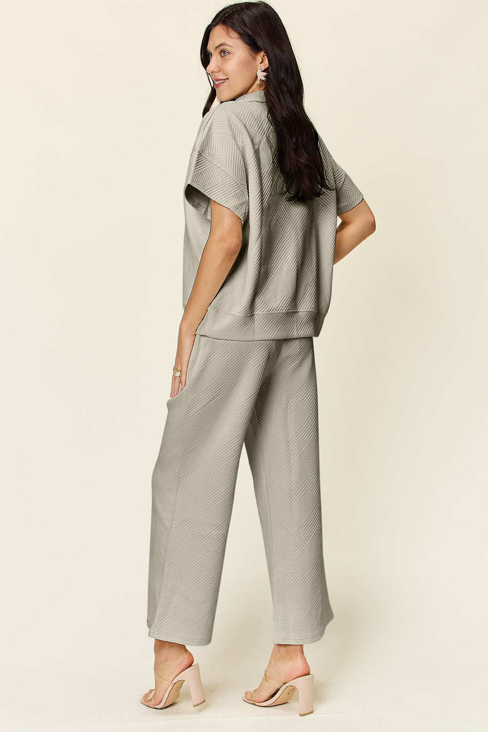 Double Take Full Size Texture Half Zip Short Sleeve Top and Pants Set - The Boutie Shop